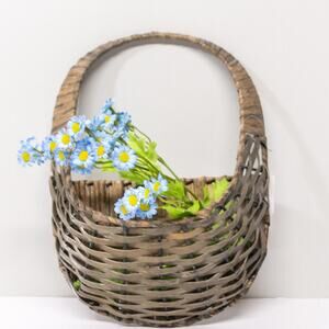 Primitive Rustic Grey Wash Wicker Oval Hanging WALL BASKET Country Cottage Decor